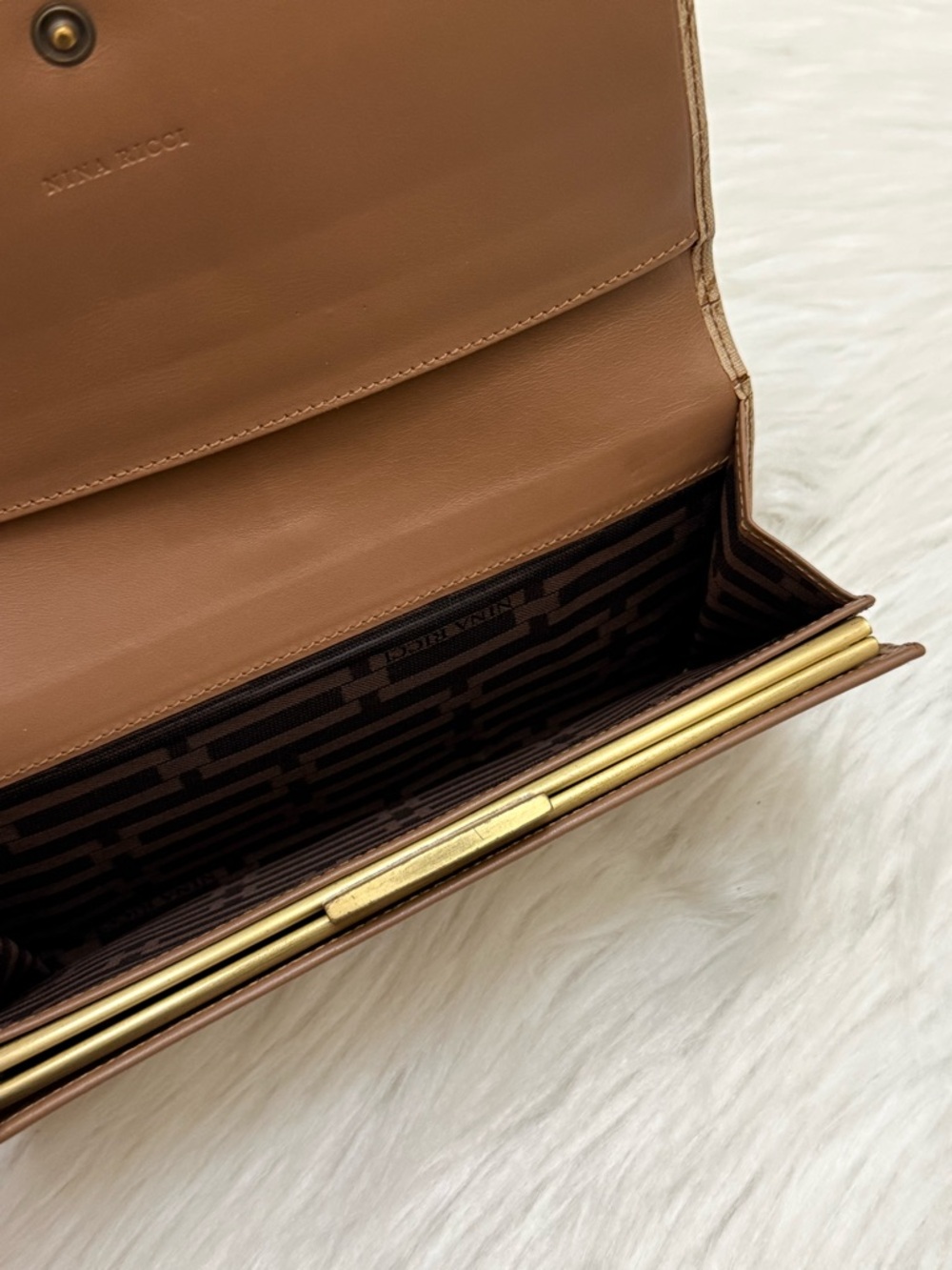 NINA RICCI - BROWN TAN CANVAS LEATHER MONOGRAM LONG BIFOLD SNAP WALLET - Picture 8 of 12